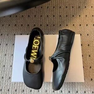 LOEWE Black Leather Mary Jane Heeled Boots with Gold Button